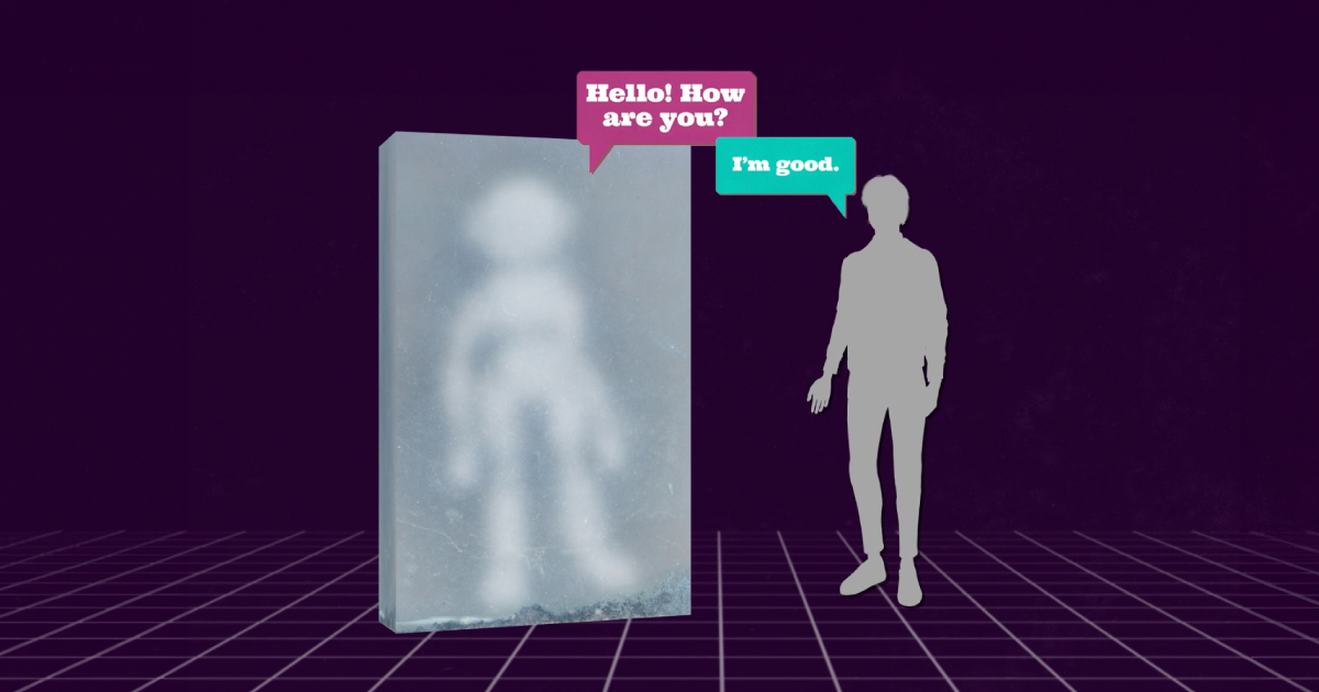 A robot (left) is blurred behind a wall with text above, "Hello! How are you?" A silhouette of a person (right) with a text above, "I'm good."