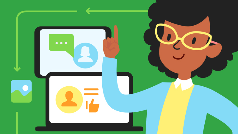 A cartoon illustration of a teacher in front of a laptop and tablet.