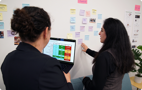 Two Common Sense Media employees look at a white board
